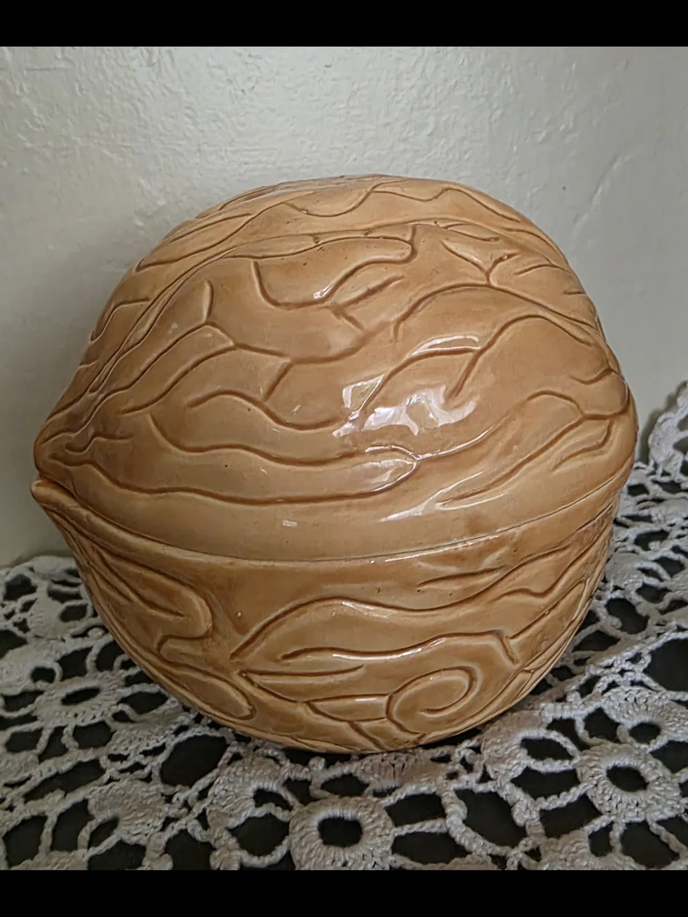 Ceramic Walnut Shaped Candy Cookie Trinket Dish in Tan